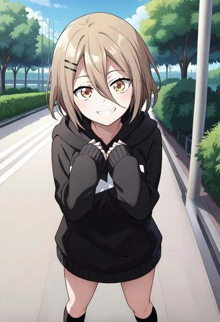 anime screencap, anime coloring,
outdoors, park,
BREAK
1girl, solo, full body,
tsukiyo_riiko, hair ornament, hairclip, hair between eyes,
hood, hoodie, sleeves past wrists,
socks,
smile, grin, looking at viewer,
head tilt, standing