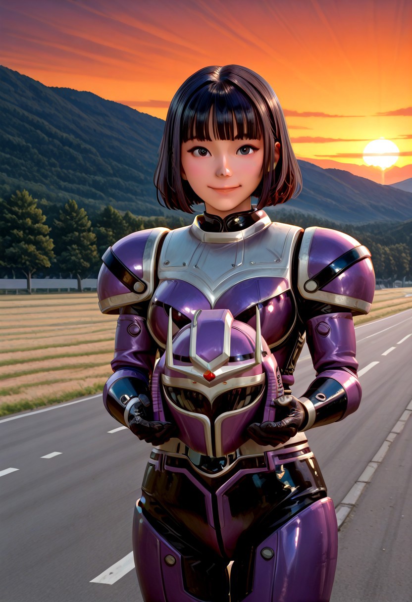 anime screencap, anime coloring,
solo, 1girl, cowboy shot , perfect face, detailed faced, 
black hair, short hair, blunt bangs, black eyes looking at viewer, medium breasts, smile,  (covered neck), BREAK
Tent0u, r4n, extend hands, holding helmet , gloves, bodysuit, helmet removed, armor, shoulder pad, belt,
outdoors, road, sunset, dramatic lighting
<lora:DetailedPerfect_hands_r1:1>    <lora:coveredneck_v1-000006:0.8>