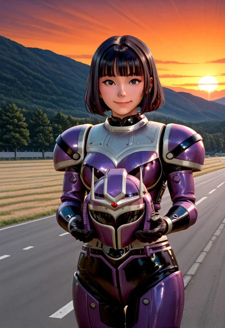 anime screencap, anime coloring,
solo, 1girl, cowboy shot , perfect face, detailed faced,
black hair, short hair, blunt bangs, black eyes looking at viewer, medium breasts, smile, (covered neck), BREAK
Tent0u, r4n, extend hands, holding helmet , gloves, bodysuit, helmet removed, armor, shoulder pad, belt,
outdoors, road, sunset, dramatic lighting
<lora:DetailedPerfect_hands_r1:1> <lora:coveredneck_v1-000006:0.8>