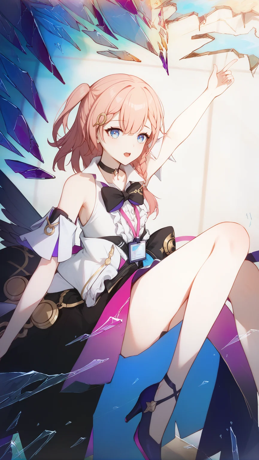 absurdres, best quality, uncensored, score_9, score_8_up, score_7_up, 1girl, solo, asta \(honkai: star rail\), one side up, medium hair, one side up, detached sleeves, white shirt, sleeveless shirt, skirt, black skirt, hair ornament, choker, black bow, black bowtie, bow, center frills, hair ornament, lanyard, high heels, open mouth, fly my wings, wings, glass shards, <lora:asta_ponyXL_v1.1:1>, <lora:fly_my_wings_ponyXL_v1.0:1>,