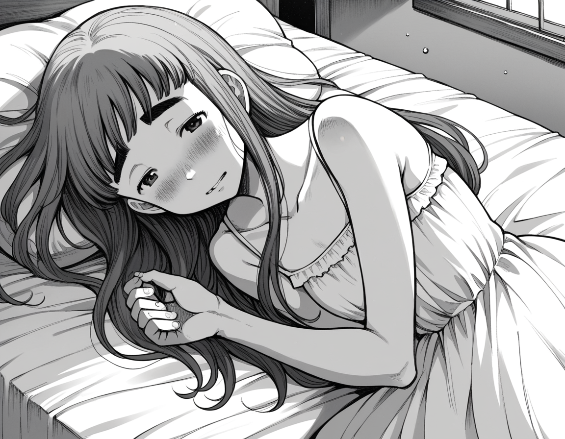 score_9, score_8_up, score_7_up, source_anime,
aikotanaka, <lora:aiko-tanaka-manga-ponyxl-lora-nochekaiser:1>,
aiko tanaka, long hair, bangs, thick eyebrows, blush, greyscale, monochrome,
dress, white dress, collarbone, bare shoulders, sundress,
indoors, bed, bed room, on side, blush, drunk,
looking at viewer, cowboy shot, solo, dutch angle,