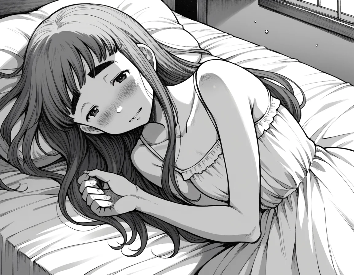 score_9, score_8_up, score_7_up, source_anime,
aikotanaka, <lora:aiko-tanaka-manga-ponyxl-lora-nochekaiser:1>,
aiko tanaka, long hair, bangs, thick eyebrows, blush, greyscale, monochrome,
dress, white dress, collarbone, bare shoulders, sundress,
indoors, bed, bed room, on side, blush, drunk,
looking at viewer, cowboy shot, solo, dutch angle,