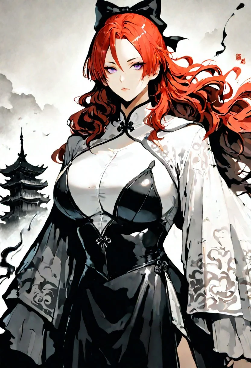 masterpiece, best quality, good quality, very aesthetic, absurdres, newest,klskx simple background, ink wash painting, Chinese building, Bamirade, purple eyes, red hair, hair bow, big breasts, god, majestic