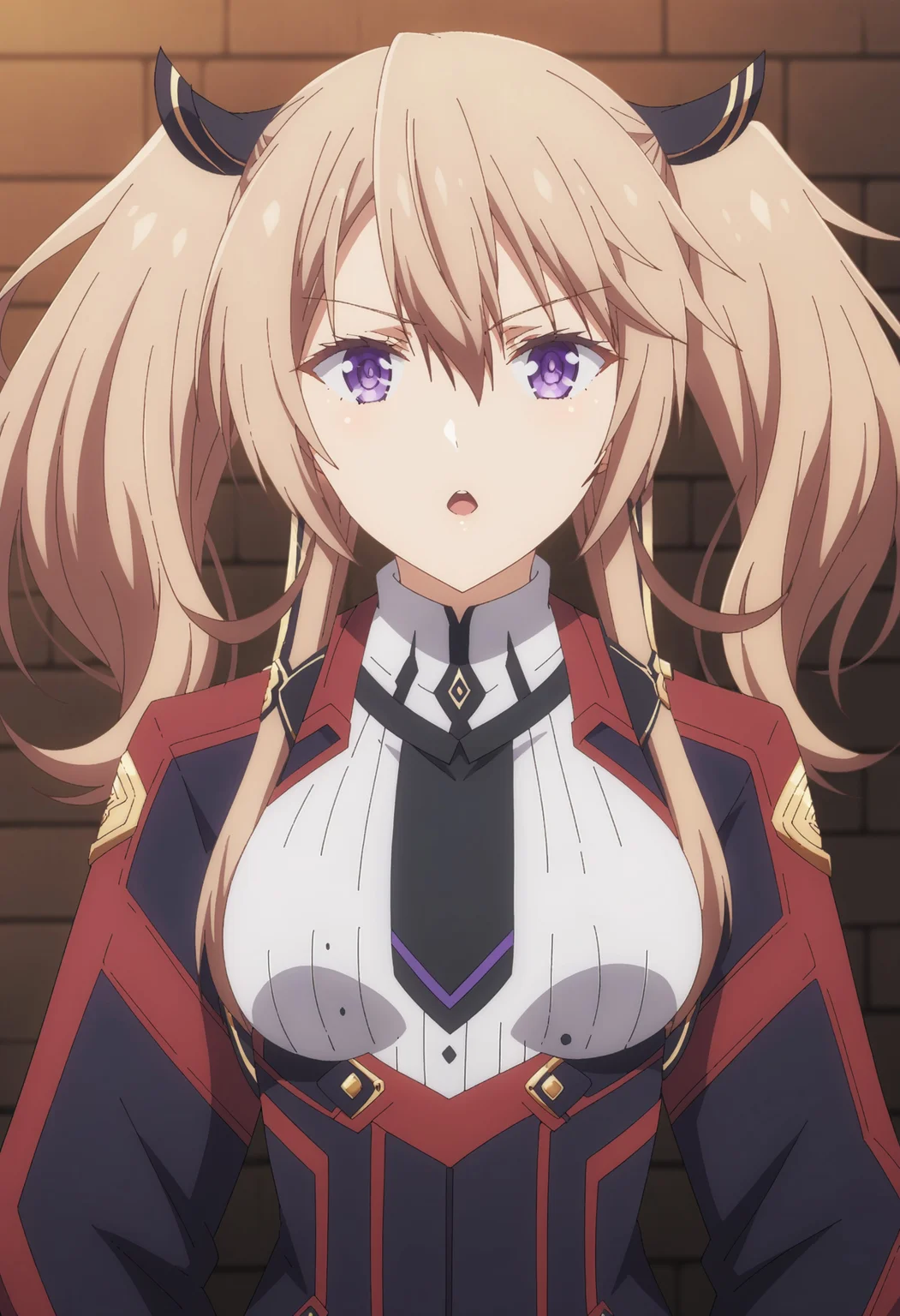 EBSasha, 1girl, solo, long hair, looking at viewer, open mouth, purple eyes, brown hair, gloves, hair between eyes, twintails, purple eyes, jacket, upper body, necktie, black gloves, fingerless gloves, uniform, medium breasts,
<lora:xl_more_art-full_v1:0.8>, <lora:SashaNecron:0.9>