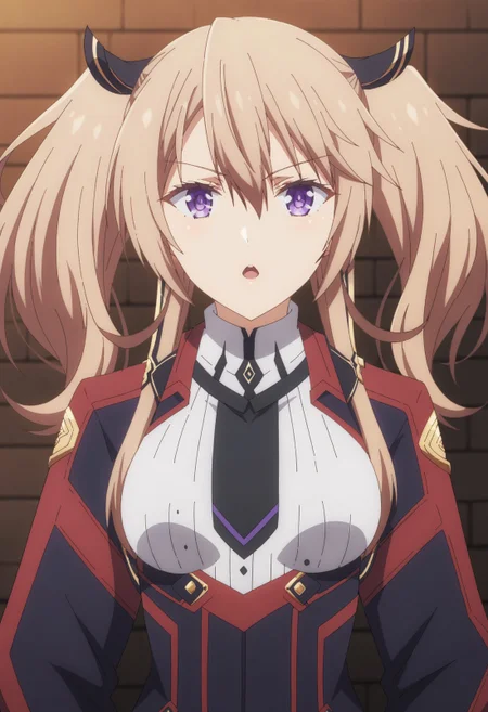EBSasha, 1girl, solo, long hair, looking at viewer, open mouth, purple eyes, brown hair, gloves, hair between eyes, twintails, purple eyes, jacket, upper body, necktie, black gloves, fingerless gloves, uniform, medium breasts, 
<lora:xl_more_art-full_v1:0.8>,  <lora:SashaNecron:0.9>