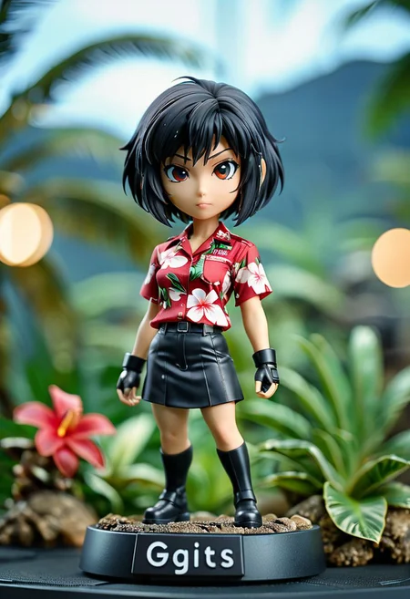 cinematic photo Motoko Kusanagi in hawaiian shirt, "GitS" written, 35mm photograph, film, bokeh, professional, 4k, highly detailed