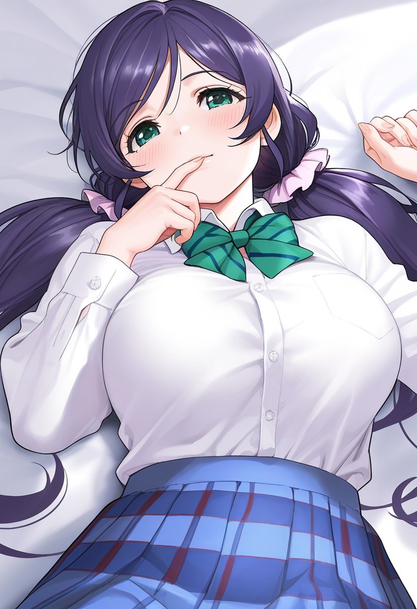 Type_TRP, (masterpiece), (best quality), (ultra-detailed), very aesthetic, high resolution, perfect composition, intricate details, absurdres, newest, extremely detailed eyes, beautiful, perfect lighting, hi res, amazing quality, very awa, painting_(artwork), dynamic angle, dynamic pose, 1girl, toujou nozomi, otonokizaka school uniform, white shirt, purple hair, green bowtie, blue skirt, lying, on back, looking at viewer, green bow, green eyes, large breasts, low twintails, striped bow, winter uniform, pleated skirt, striped bowtie, long sleeves, collared shirt, dress shirt, blush, finger to mouth, bed sheet, swept bangs, plaid skirt, parted bangs, closed mouth, hair scrunchie, hair ornament, white scrunchie