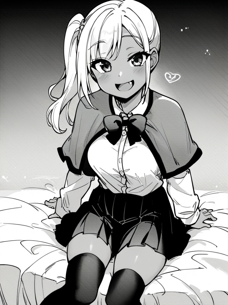 score_9, score_8_up, score_7_up,  
1girl, monochrome, medium breasts, white hair, side ponytail, dark-skinned female,

school uniform, cape, bowtie, white shirt, long sleeves, pleated skirt, thighhighs, sitting, on bed, smile, open mouth, fang, looking at viewer,