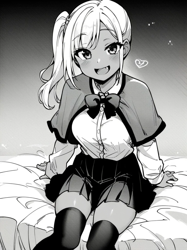 score_9, score_8_up, score_7_up,  
1girl, monochrome, medium breasts, white hair, side ponytail, dark-skinned female,

school uniform, cape, bowtie, white shirt, long sleeves, pleated skirt, thighhighs, sitting, on bed, smile, open mouth, fang, looking at viewer,