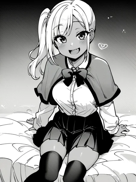 score_9, score_8_up, score_7_up,
1girl, monochrome, medium breasts, white hair, side ponytail, dark-skinned female,
school uniform, cape, bowtie, white shirt, long sleeves, pleated skirt, thighhighs, sitting, on bed, smile, open mouth, fang, looking at viewer,