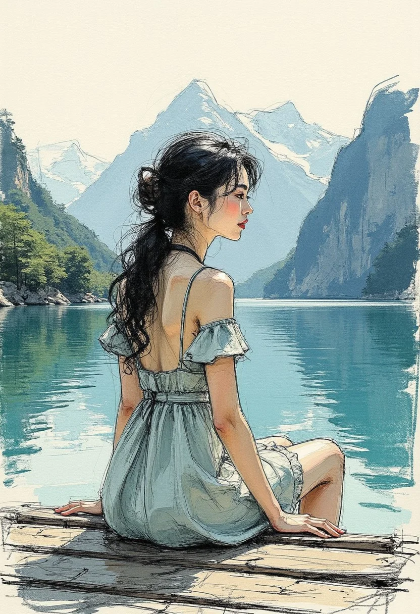 colored sketch in the style of ck-ccd, young Asian woman in a summer dress, long loose hair, sitting at the end of a jetty on tranquil mountain lake, with mountains in the background