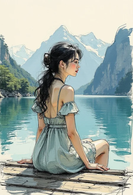 colored sketch in the style of ck-ccd, young Asian woman in a summer dress, long loose hair, sitting at the end of a jetty on  tranquil mountain lake, with mountains in the background