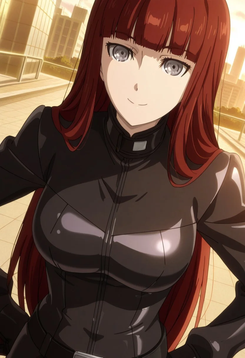 anime screencap, anime coloring, masterpiece, perfect face, perfect eyes, city, Kagari Shiina (character), 1girl, solo, red hair, long hair, blunt bangs, grey eyes, big breasts, black bikesuit, black body suit, skin tight, iron made zip, closed zip, black belt, dynamic angle, smile, 23 years old woman, aged up, hands on hips, upper body, face focus, Kagari Shiina