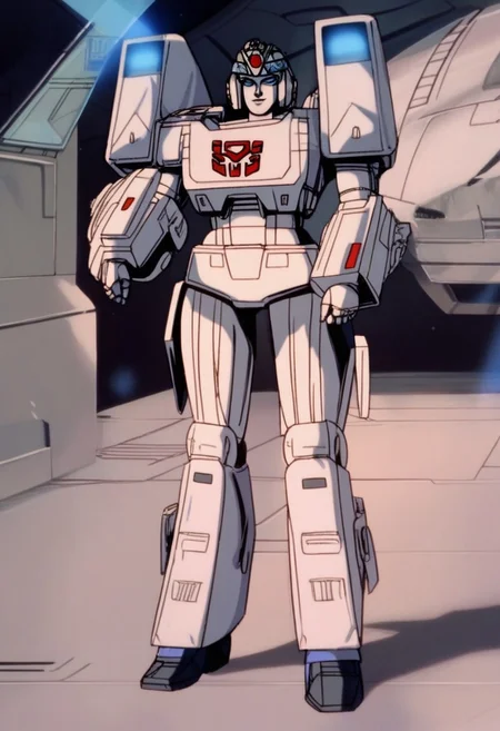 score_9, score_8_up, score_7_up, animation, transformers, 1girl, robot, Decepticon, Tall, slim, Seeker, Starscream glowing eyes, blue eyes, large eyes, circular eyes, white armour (minor blue detail), forward long jet swept wings, transforms into futuristic Stealth Mig Fighter Jet, full body, cowboy shot, smiling, holding null ray blasters, Decepticon Symbol, long skirt armour (minor blue glass detail), head crown,
<lora:StarScream1.2:1>