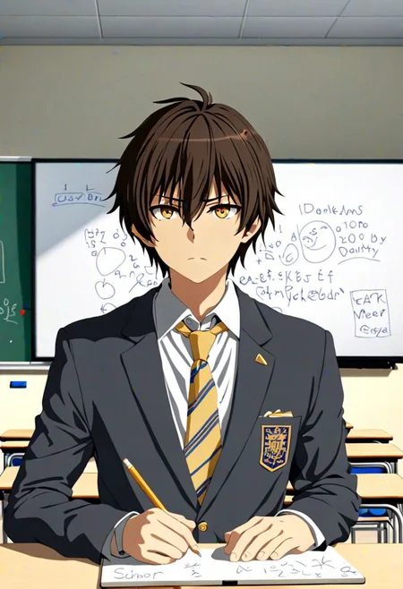 Highres, Masterpiece, High Quality, 4K, 8K, solo, 1Boy, Seiya Kanie, short dark brown hair, golden eyes, classroom, desk chairs, whiteboard, screen, sitting, school, school uniform, easynegative, detailed_eye_model