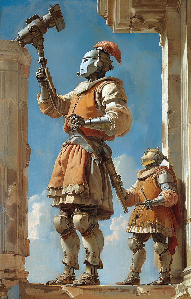 masterpiece,best quality,<lora:tbh352-sdxl:0.75>,illustration,style of Giovanni Battista Tiepolo portrait of Housework robots