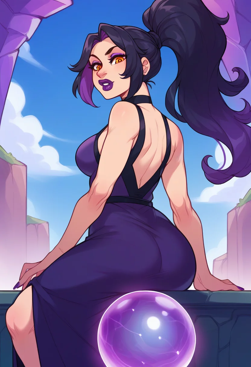 score_9, score_8_up, score_7_up, score_6_up, score_5_up, score_4_up BREAK, 1girl, solo, long hair, looking at viewer, black hair, medium breasts, sitting, ponytail, purple hair, ass, thighs, sky, looking back, nail polish, lips, fingernails, orange eyes, makeup, lipstick, purple lips, energy ball, crystal ball, purple dress <lora:fizzz-11:1>