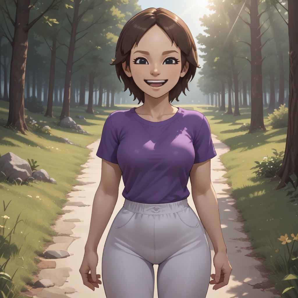 score_9, score_8, BREAK, solo, wii, mii, wii fit, 1girl, female mii, brown hair, dark blonde eyebrows, black eyes, open mouth, purple clothing, white pants, barefoot, cute, Maeda_(Wii_Fit), breasts, nintendo mii, modern_mii, classic_mii, full body, sexy pose, smile, outdoors, sunlight, shadows, evening lighting, natural lighting, forest, trees, grass, orange sky, sunset