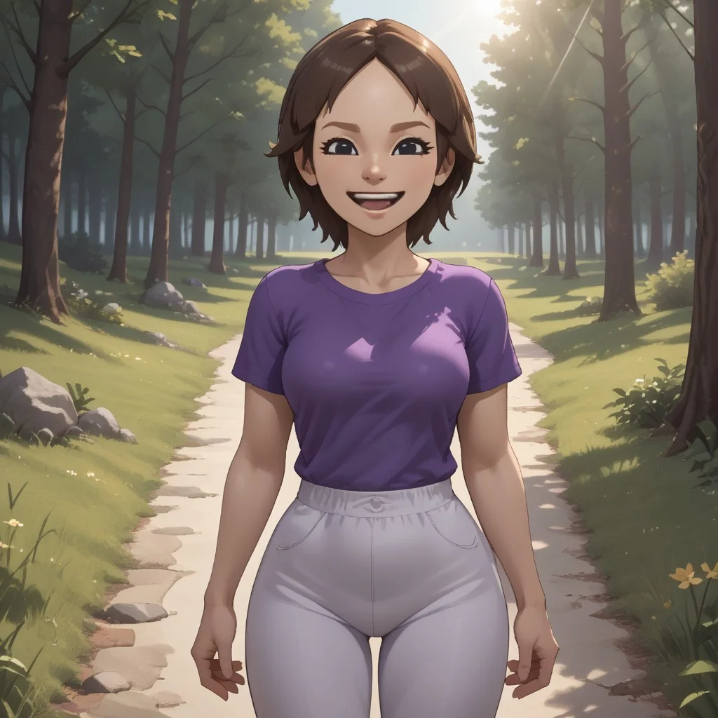 score_9, score_8, BREAK, solo, wii, mii, wii fit, 1girl, female mii, brown hair, dark blonde eyebrows, black eyes, open mouth, purple clothing, white pants, barefoot, cute, Maeda_(Wii_Fit), breasts, nintendo mii, modern_mii, classic_mii, full body, sexy pose, smile, outdoors, sunlight, shadows, evening lighting, natural lighting, forest, trees, grass, orange sky, sunset