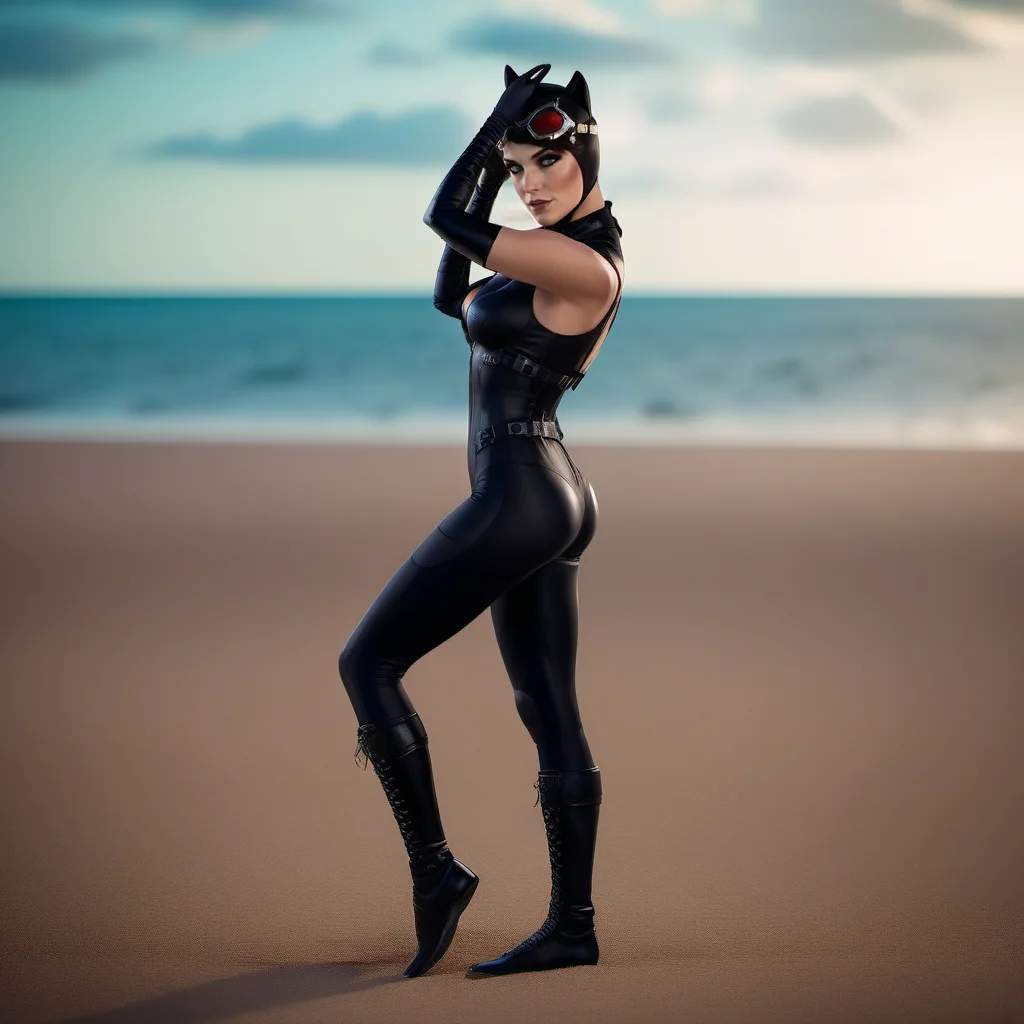 cinematic photo full body portrait realistic 1girl, view from above, goggles, choker, breast, cleavage, black bodysuit, animal ears, gloves, detailed eyes, detailed skin, on a beach <lora:Catwoman1024:0.8> . 35mm photograph, film, bokeh, professional, 4k, highly detailed