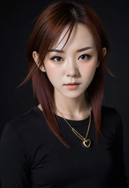 (rindo_mikoto_xl,:1.3) , girl, woman , Serious,  (high quality:1.2), 8k, ame detailed skin, dark studio, rim lighting, dimly lit, low key, cold_light, black_background, perfect lips, from_above, pov, (realistic_hair:1.2), messy_hair, bobcut, forehead, (close-up:-0.7) ,  palaroid,moles on body,  standing straight, ear piercing, heart necklace, close mouth, (small breasts),(looking straight to camera)