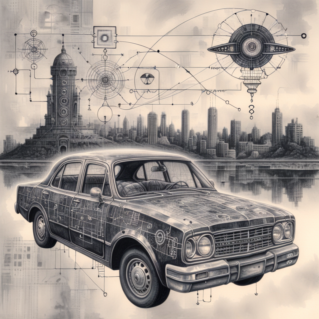 ampereart ink drawing of an old car with an electrical diagram, a surreal city in the background <lora:ampereart:1>