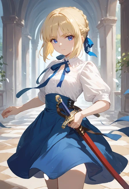 score_9, score_8_up, score_7_up, sheathed sword, 1girl, saber, blonde hair, french braid, hair ribbon, white shirt, neck ribbon white dress, looking at viewer, blue skirt
<lora:sheathed_sword_pony_1_final:1>
