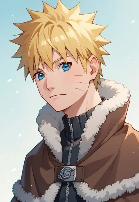 score_9, score_8_up, score_7_up, source_anime, , ultra hd, absurdres, solo, masterpiece, best quality, best aesthetic, Expressiveh, 1boy, naruto uzumaki, blonde hair, short hair, spiky hair, blue eyes,whisker marks,fur trim, brown cape, fur-trimmed cape, brown gloves, fur-trimmed gloves