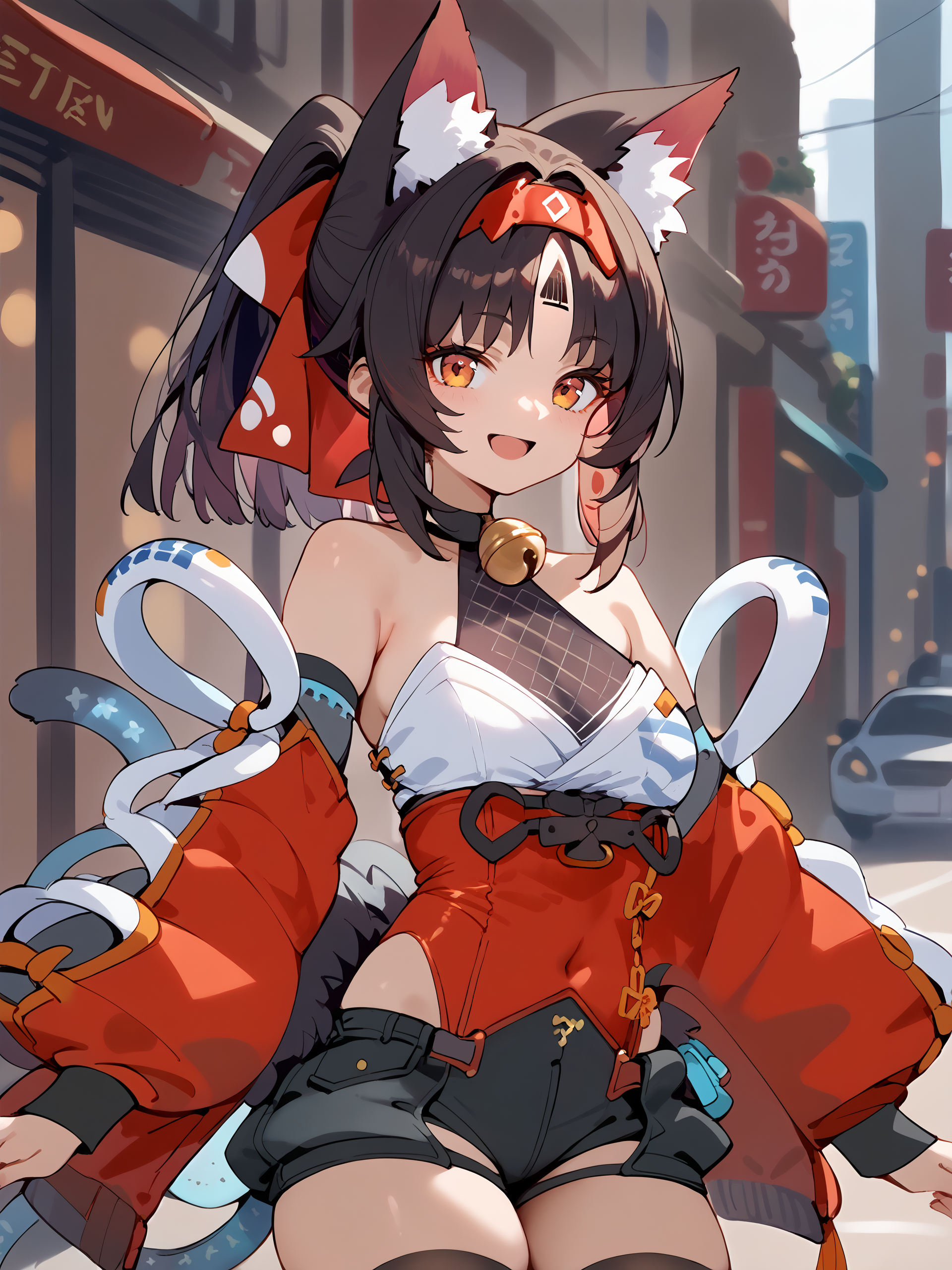 score_9, score_8_up, score_7_up, source_anime, 1girl, nekomiya mana, solo, neck bell, hairband, two tails, detached sleeves, black thighhighs, ponytail, red leotard, leotard under clothes, black shorts, hair ribbon, forehead mark, looking at viewer, smiling, open mouth, street, outdoors, depth of field, standing, cowboy shot  <lora:Char-ZZZ-Nekomiya_Mana-Pony-V1:1>  <lora:style-nai:1>