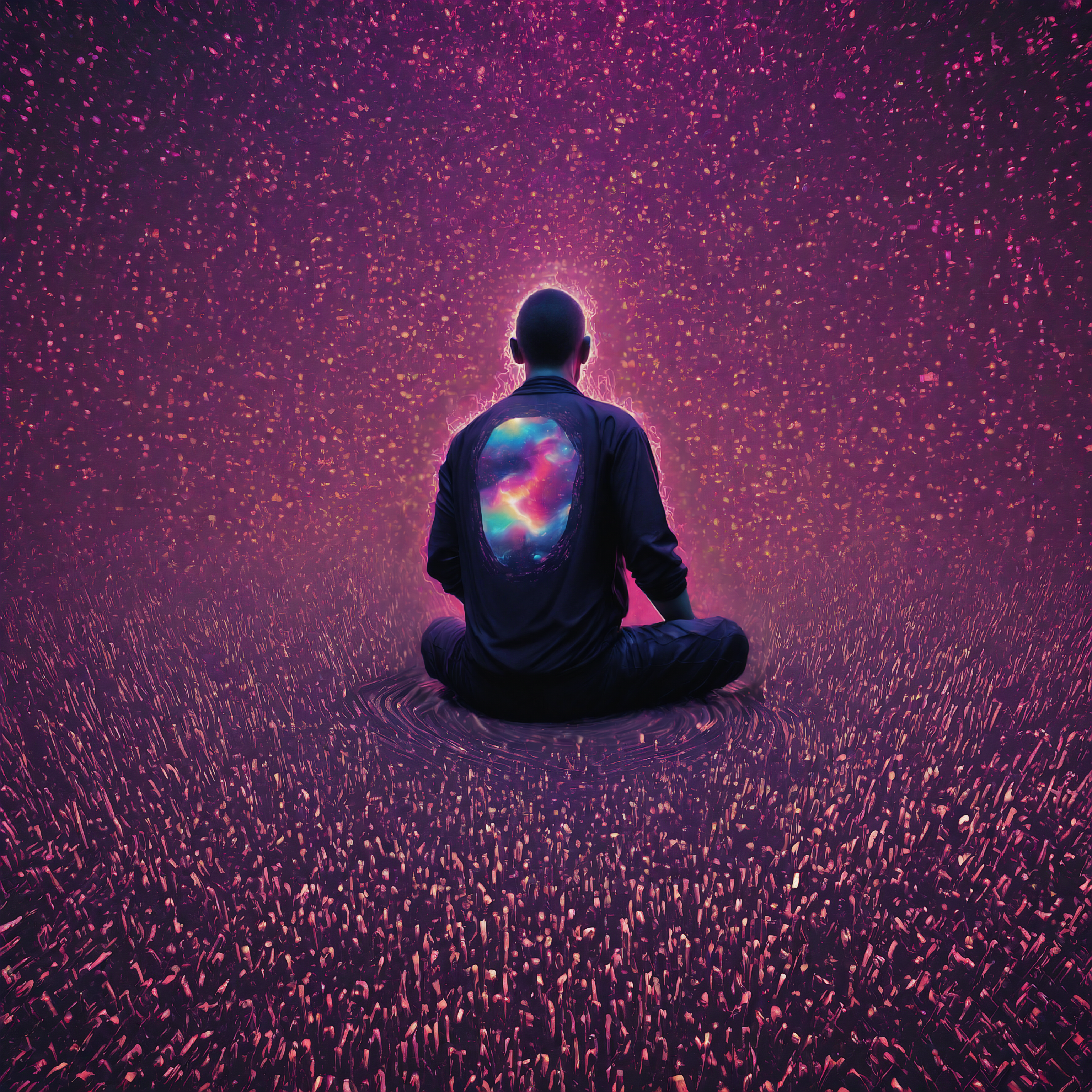 masterpiece, realistic, from behind, 

synaptic detonations, simulation of neural activity, cosmic horrors descend from the horizon, 

a seated audience looking at an empty screen, 