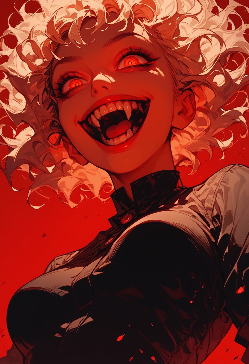 score_9, score_8_up, score_8_up, evil girl laughing, dark red background, flame at the background, (fisheye:1.3), wide angle, front shot, breasts focus, hands apart, negative, face closeup,