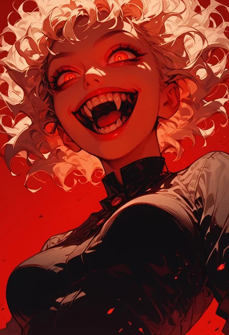 score_9, score_8_up, score_8_up, evil girl laughing, dark red background, flame at the background, (fisheye:1.3), wide angle, front shot, breasts focus, hands apart, negative, face closeup,