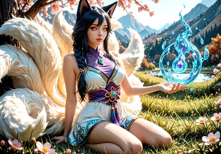 1girl,Masterpiece, ((Ahri)),league of legends,(fullbody),chest covered,best quality, ultra-detailed, 8k, cinematic lighting, fantasy art,foxgirl, 9tails, white tails,kitsune,black long hair,black foxears, single braid,yellow eyes,slit pupil,Facial mark, perky medium breasts, c-cup, (high-collared purple neck dress:1.4), (skin covered:1:2), (no bare shoulders), (chest fully covered:1.2)(covered collarbone:1.3), ((playing with a blue spirit orb)) ,grassfield,flower and lake background ,cute white foxes,high fantasy style,realism,realistic,3d, SmoothNegative_Hands, Smooth_Quality, Smooth_Negative 