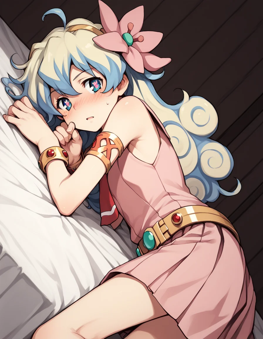 score_9, score_8_up, score_7_up, source_anime,
niateppelin, <lora:nia-teppelin-ponyxl-lora-nochekaiser:1>,
nia teppelin, cross-shaped pupils, hair flower, hair ornament, long hair, multicolored hair, simple background, symbol-shaped pupils, two-tone hair, ahoge, curly hair,
armlet, bracelet, dress, pink skirt, skirt, sleeveless,
indoors, bed, bed room, on side, blush, drunk,
looking at viewer, solo, cowboy shot, dutch angle,
