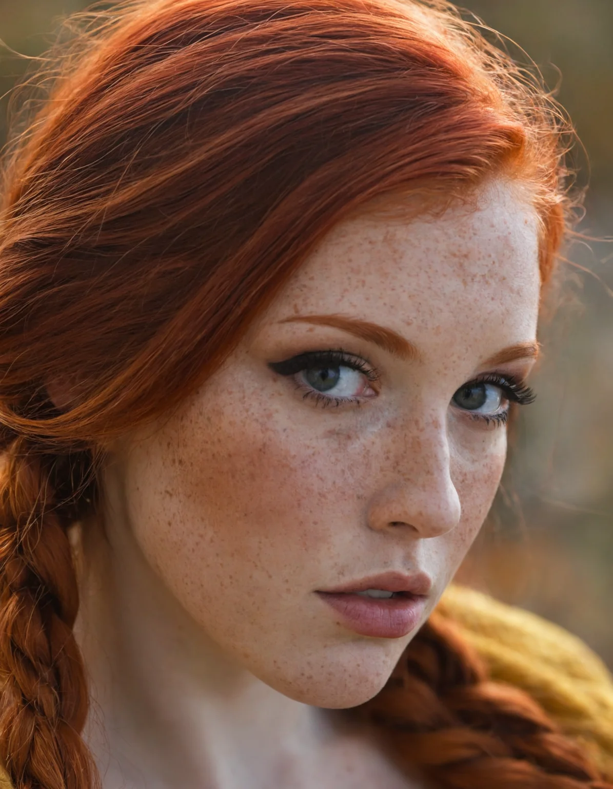 8k, photorealistic, dof, colourful, stunning redhead, fall colors, (detailed_face:1.2), long_hair, braids, freckles, (makeup eyeliner lipstick:0.8), bright_detailed_eyes, eye level, portrait, soft light