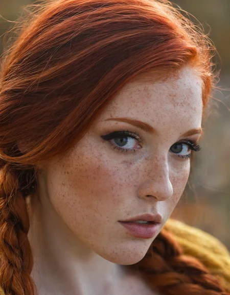 8k, photorealistic, dof, colourful, stunning redhead, fall colors, (detailed_face:1.2), long_hair, braids, freckles, (makeup eyeliner lipstick:0.8), bright_detailed_eyes, eye level, portrait, soft light