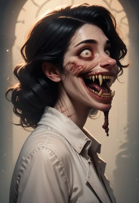 score_9, score_8_up, score_7_up, score_6_up, side profile, solo, biohorror mad scientist, monster transformation, fangs, decaying, wide eyes, crazy smile, flickering lights, shadows, gritty