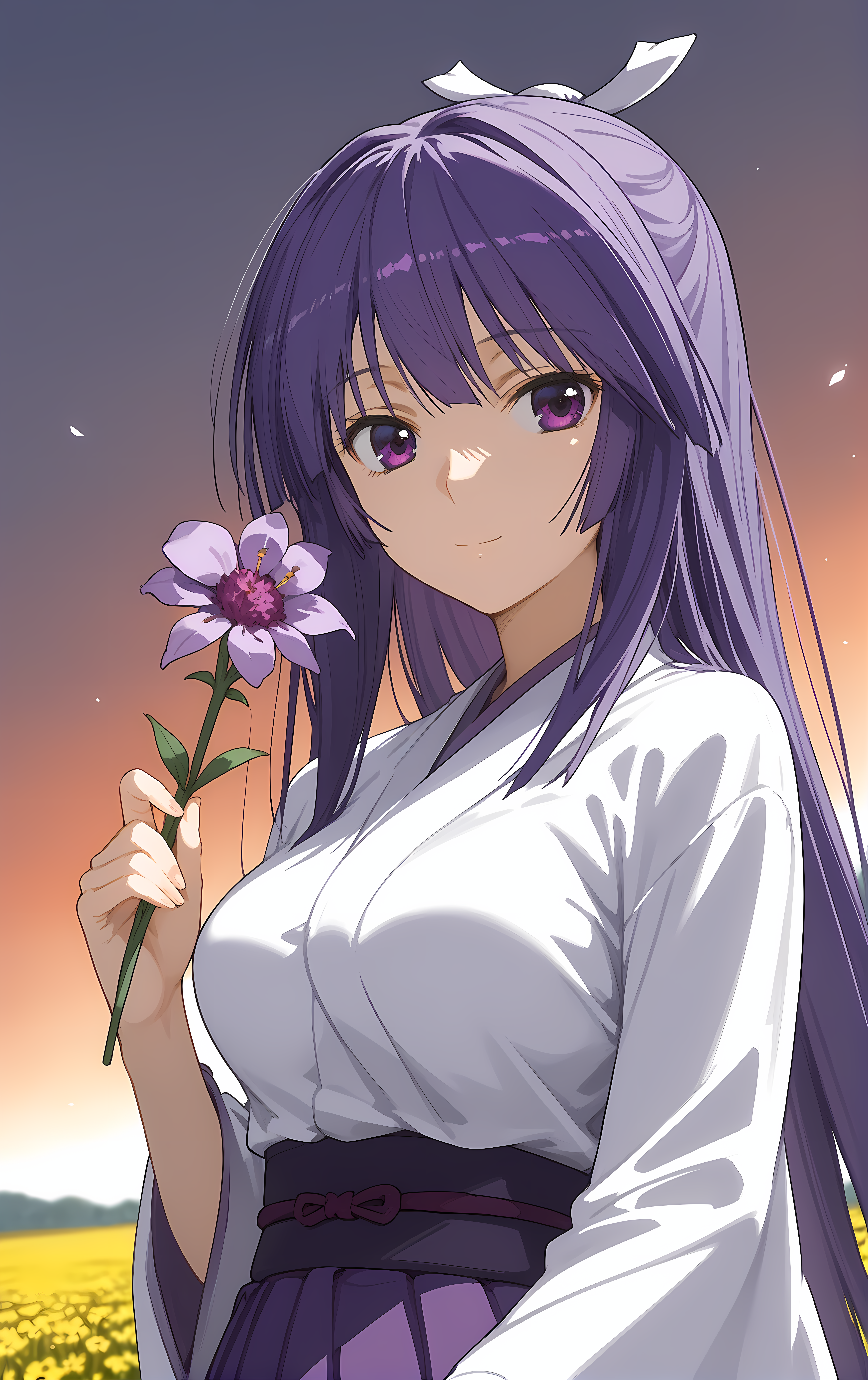 (score_9, score_8_up, score_7_up), looking at viewer, light smile, closed mouth, shiny skin, tight clothes,
ohwx, 1girl, solo, solo_focus, purple_eyes, long_hair, japanese_clothes, purple_hair, very_long_hair, breasts, ponytail, long_hair, breasts, large_breasts,
japanese_clothes, kimono, sash, kimono, skirt, hakama, hakama_skirt, purple_hakama, white_kimono,
sunrise, field, (holding flower:1.5), blurry, upper body, close-up, cowboy shot, dutch angle,
 <lora:miya_asama_pony_ss-000002:1>