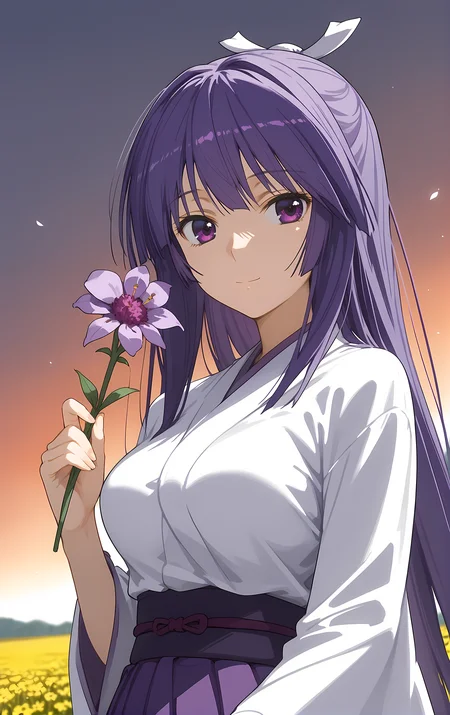 (score_9, score_8_up, score_7_up), looking at viewer, light smile, closed mouth, shiny skin, tight clothes,
ohwx, 1girl, solo, solo_focus, purple_eyes, long_hair, japanese_clothes, purple_hair, very_long_hair, breasts, ponytail, long_hair, breasts, large_breasts,
japanese_clothes, kimono, sash, kimono, skirt, hakama, hakama_skirt, purple_hakama, white_kimono,
sunrise, field, (holding flower:1.5), blurry, upper body, close-up, cowboy shot, dutch angle,
<lora:miya_asama_pony_ss-000002:1>