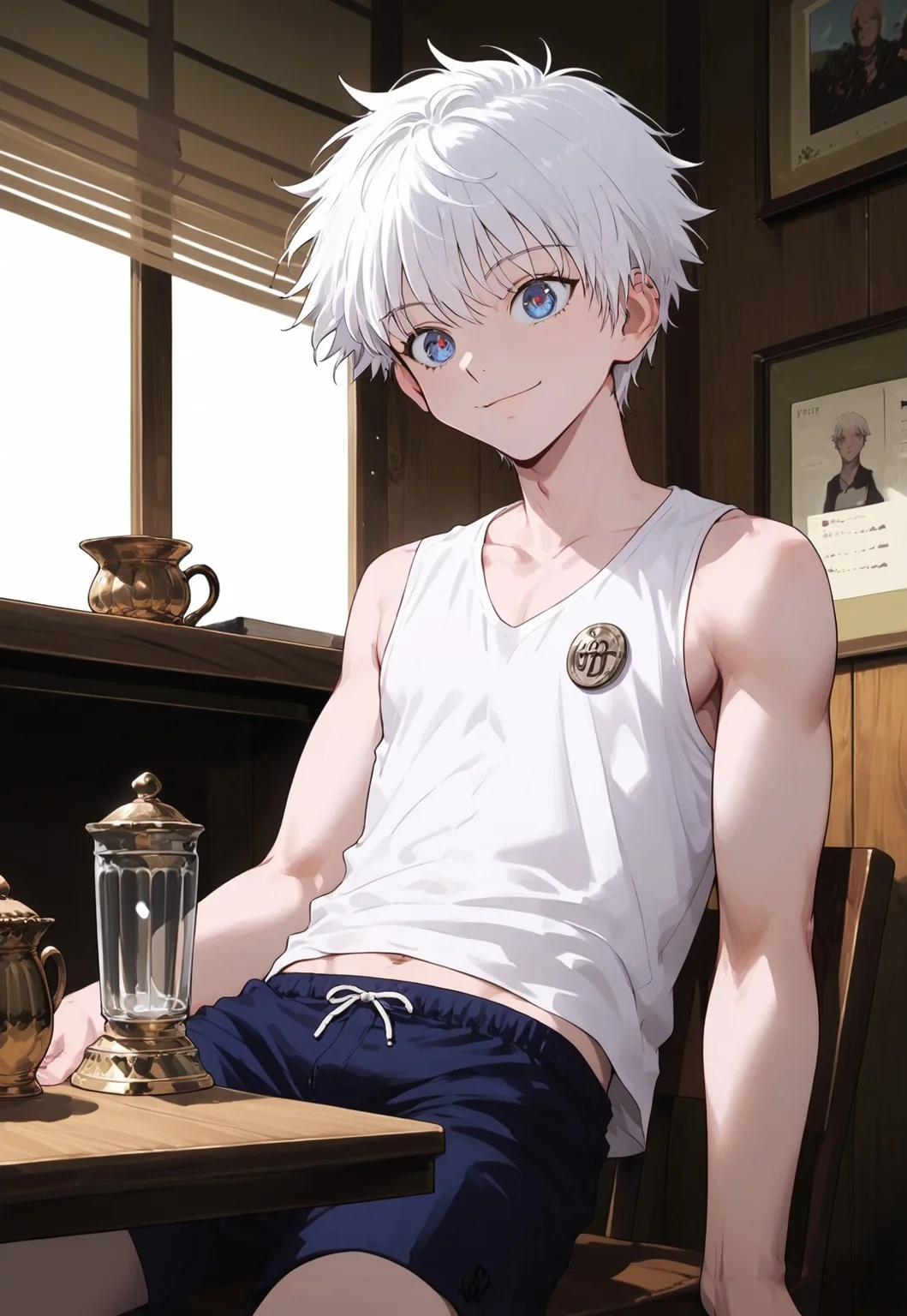 safe_pos, score_9_up, score_8_up, score_7_up,anime source,(realism:0.8) , best quality, lots of details, clear outline,
, 1boy,killua_zoldyck,,solo, 18yo, bishounen, emaciate physique , ,handsome:1.3,male focus, thin body, short hair, white hair, blue eyes,,blue eyestsurime,detailed eyes, ,happy expression, light smile, , detailed face,colorful,
sitting,chair,sleeping,
Lying on the table,lethargy, bright mushrooms on table,table,
trophy on table,
tank shirt,sleeveless,booty shorts,narrow shoulder,thin chest,navel,
screen focus on full body,
perfect shooting angle,
outdoor ,
great anatomy,