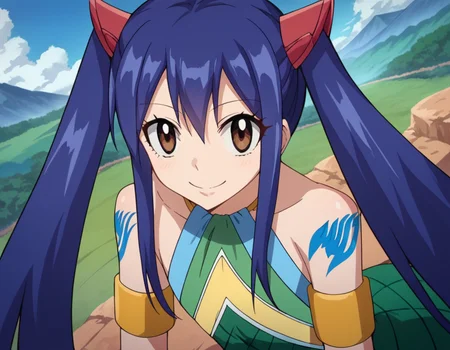 score_9, score_8_up, score_7_up, source_anime,
wendymarvell, <lora:wendy-marvell-s7-ponyxl-lora-nochekaiser:1>
wendy marvell, long hair, hair ornament, twintails, brown eyes, blue hair,
bare shoulders, tattoo, armlet, dress, green dress,
outdoors, landscape, bent over, smile,
looking at viewer, dutch angle, cowboy shot