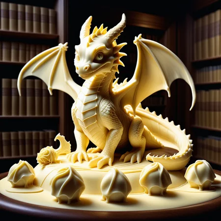 made out of Jed-whtccae, <lora:WhiteChocoStyle-000005:0.8>, Mezzotint Print of a "The Library of Dragons", Frail, Hopeful, Warm lighting, perfect composition, sunny, stunning, enchanted, fantastic aesthetic, glowing, epic, warm light, advanced cinematic perfect light, rich deep colors, cute