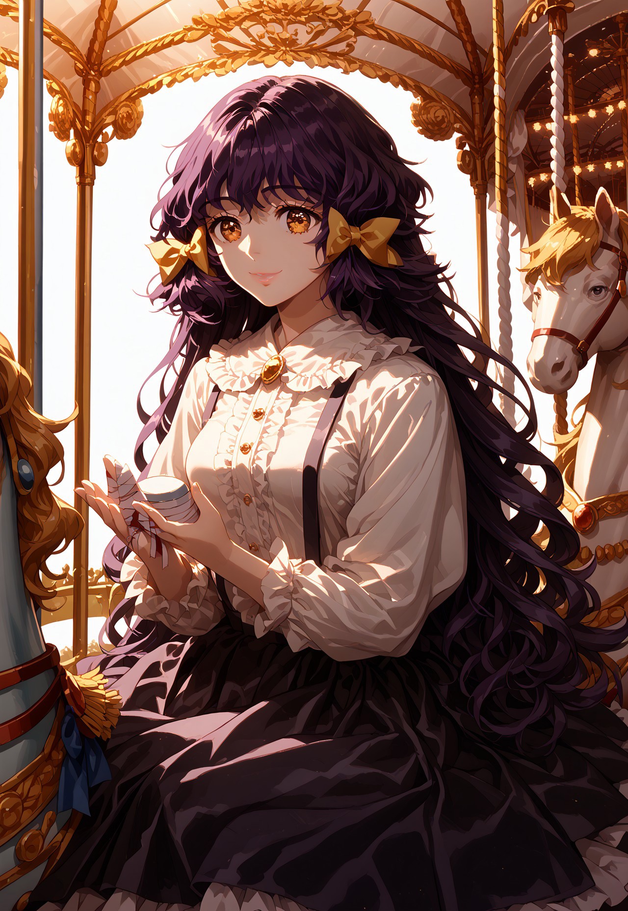 safe_pos, score_9, score_8_up, score_7_up, score_6_up, score_5_up, score_4_up, anime_source, QBBvintage, masterpiece, best quality, ultra detailed background, highly detailed, fine details, ambient light, dynamic lighting, soft lighting, 1girl, medium breasts, very detailed hands, beautiful face, detailed face and eyes, Enjel, purple hair, hair bow, broach, overalls, white shirt, purple skirt, bandaged hand, glossy hair, glossy lips, carousel, sitting, riding, smile