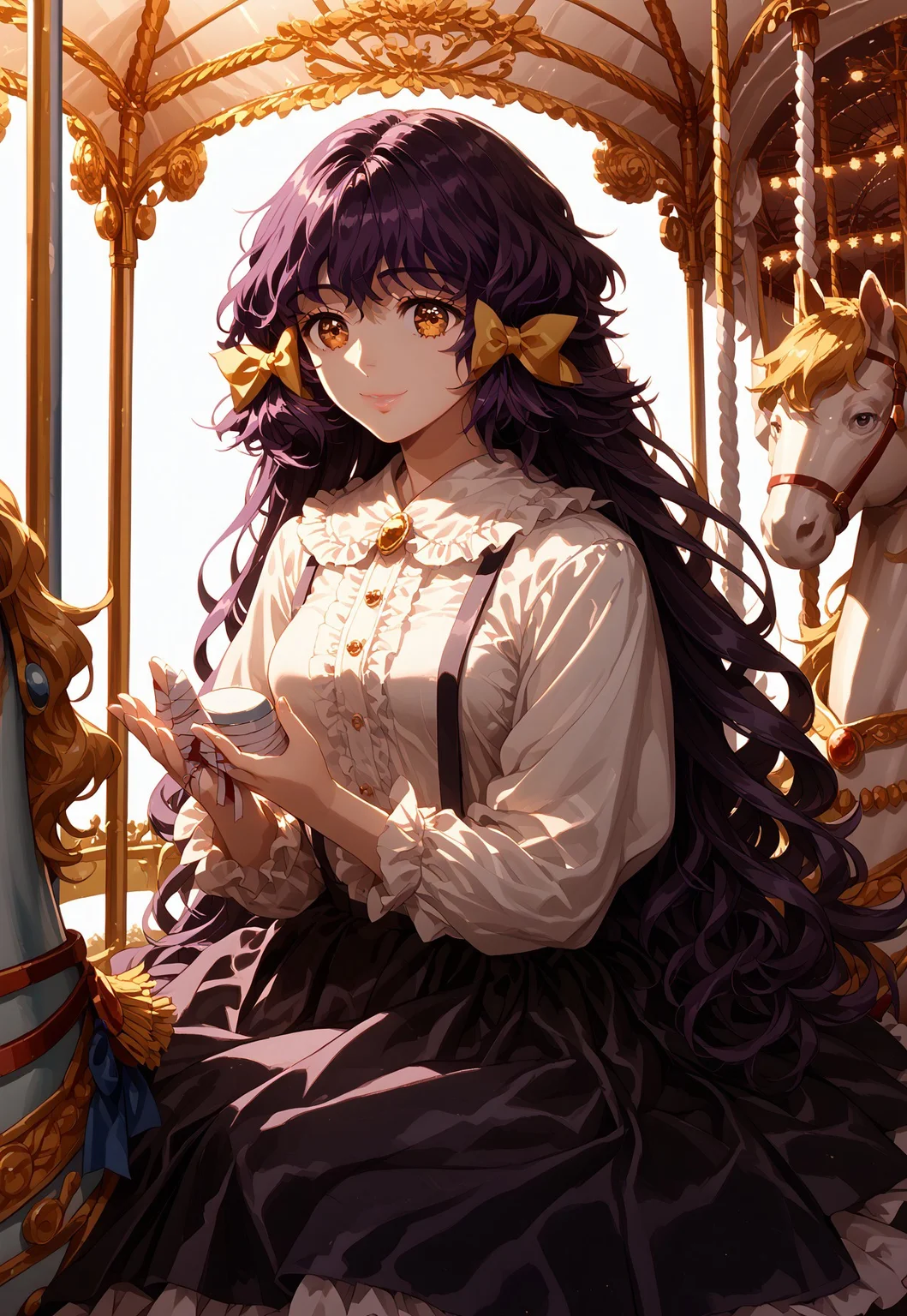 safe_pos, score_9, score_8_up, score_7_up, score_6_up, score_5_up, score_4_up, anime_source, QBBvintage, masterpiece, best quality, ultra detailed background, highly detailed, fine details, ambient light, dynamic lighting, soft lighting, 1girl, medium breasts, very detailed hands, beautiful face, detailed face and eyes, Enjel, purple hair, hair bow, broach, overalls, white shirt, purple skirt, bandaged hand, glossy hair, glossy lips, carousel, sitting, riding, smile