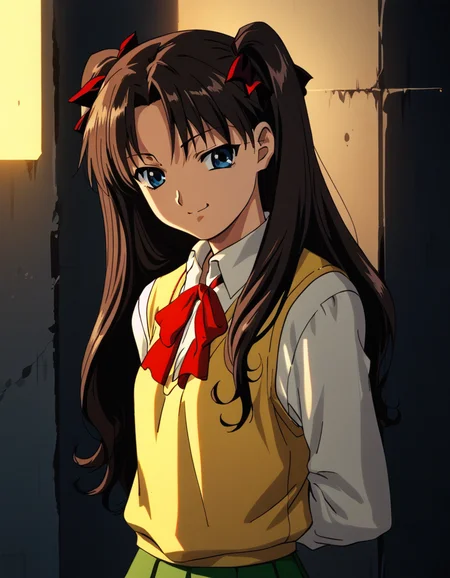 score_9, score_8_up, score_7_up, <lora:to-heart-ponyxl:0.9> 1girl, solo, tohsaka rin, sweater vest, yellow vest, white shirt, neck ribbon, microskirt, green skirt, arms behind back, smirk, alley, outdoors, dim lighting, night, upper body