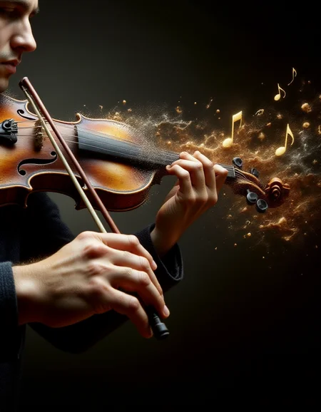 A close-up of a violinistâs hands as they play a haunting melody, rendered in a ral-dissolve style. The wooden body of the violin dissolves into swirling ribbons of dark mahogany and glowing golden notes, which float into the dimly lit room like fragments of sound made visible. The musicianâs bow transitions into soft wisps of light, creating a surreal harmony between music and motion as the instrument fades into the ether.
<lora:ral-dissolve-flux_000005000:1>