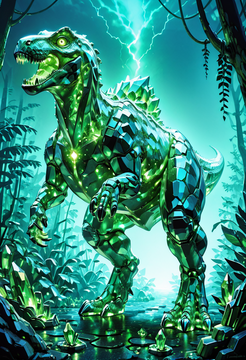 masterpiece, best quality, no humans,   ,<lora:CrystalKingDino_IXL:1.0>,  zzCrystalKing, green crystal body, jagged crystal plates, glowing core, reptilian eyes, dense jungle, glowing moss, thunderstorm, roaring pose, low angle, bioluminescent lighting, primal atmosphere â Amid the heart of a luminous jungle, the zzCrystalKing rears back with a thunderous roar. Its body glitters with fractured emerald crystal, sharp edges catching flashes of lightning from the storm above. Vines hang heavy from obsidian trees, bioluminescent moss glowing beneath its feet. Rain spatters off its glowing core, steam hissing from crystal joints. Every step cracks stone and root, the primal king returning to a world that has long forgotten him.