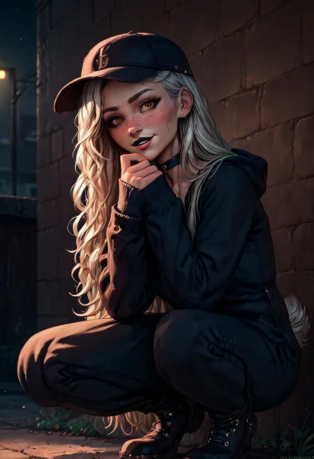 score_9, score_8_up, score_7_up, score_6_up, score_5_up, score_4_up, rating_explicit, 1girl, mischievous, Flora Heloise Daisy, fit woman, rabbit ears, rabbit tail, rabbit feet, 29 year old, face focus, blush, platinum blonde hair, beautiful face, bangs, ((Luscious hair, flowing hair, soft hair, full hair):1.2), black chocker, yellow eyes, toned, slender, perfect big saggy breasts, freckles, nice butt, wide hips, thick thighs, ((detailed fluffy fur, realistic fur, soft fur, fluffy fur, realistic lighting, natural lighting, soft lighting, subsurface scattering,):1.3), beautiful, (hazel eyes), detailed face, realistic face, make up, black lipstick,long nails, black nails, black eyes, sm eyeshadow, long eyelashes, eyeliner,full lips, close up on face, face close up, choker, rings, bracelet, perfect hands, seductive smile, great view,pose,
Break
Baseball cap, black hoodie, long skirt, smiling
Break
City streets, winter, paw pose, crouching, glowing, neon