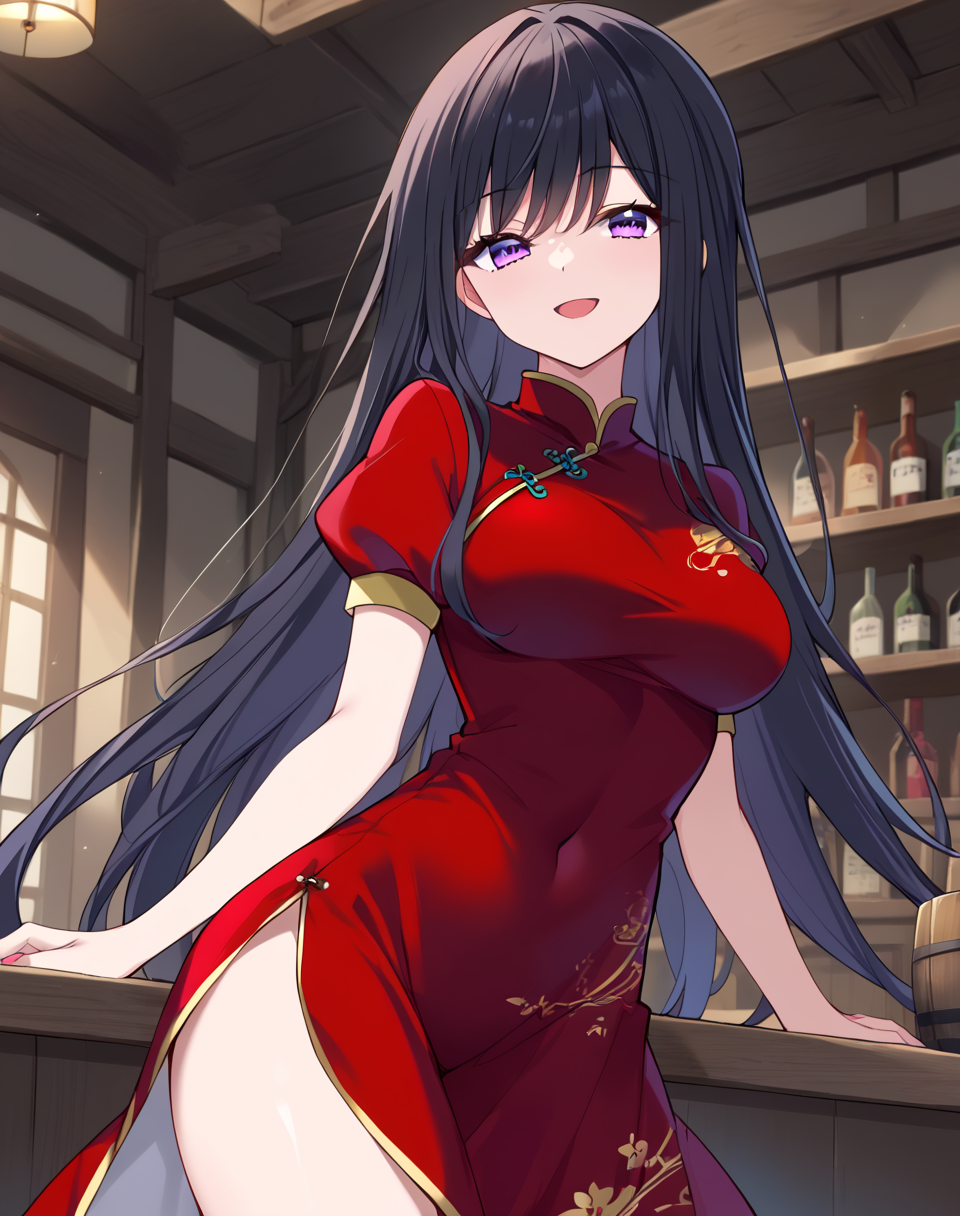 ning_yixue, black hair, long hair, purple eyes, chinese clothes, red dress, bangs,  china dress,  short sleeves, medium breasts, puffy sleeves, chinese red clothes, BREAK  indoors, tavern BREAK looking at viewer, sexy face, sexy smile, open mouth, cowboy shot,  BREAK score_9, score_8_up, score_7_up, source_anime ,zPDXL, perfect hand,  <lora:Ning_Yixue:0.8>