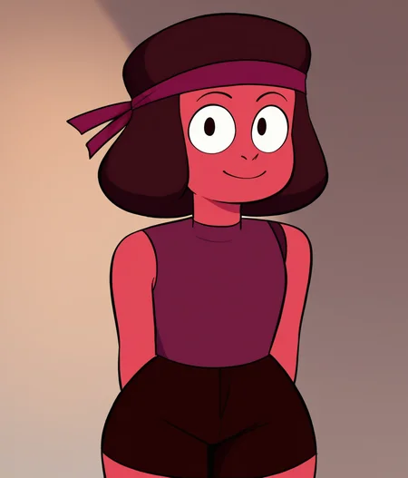 cute, looking at viewer, hands behind back, <lora:Ruby_Steven_Universe:0.85> rubystevenuniverse, red skin, square afro, sleeveless shirt, bandana, shorts, 1girl, solo, short, confident, smile, portrait,, score_9, score_8_up, score_7_up, cute,